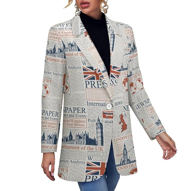 UK Or London Newspaper Blazers for Women Fashion Business Casual Office Elegant Jacket Coat with Pockets