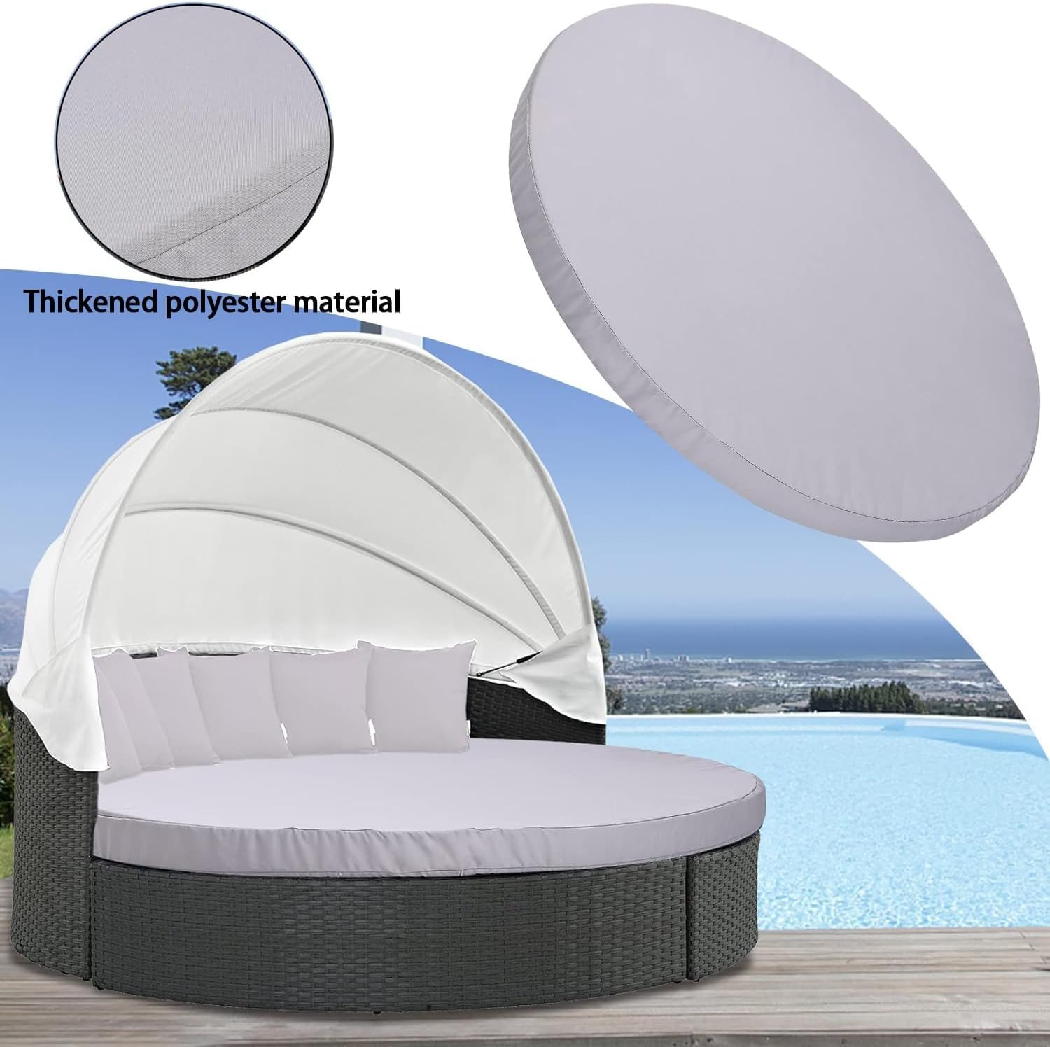 Nueva funda de cojín para cama de sol de 168 cm para cama de día exterior, (con banda elástica) Funda redonda de repuesto para cojín de cama ajustada de 168 cm Funda de cojín para cama de