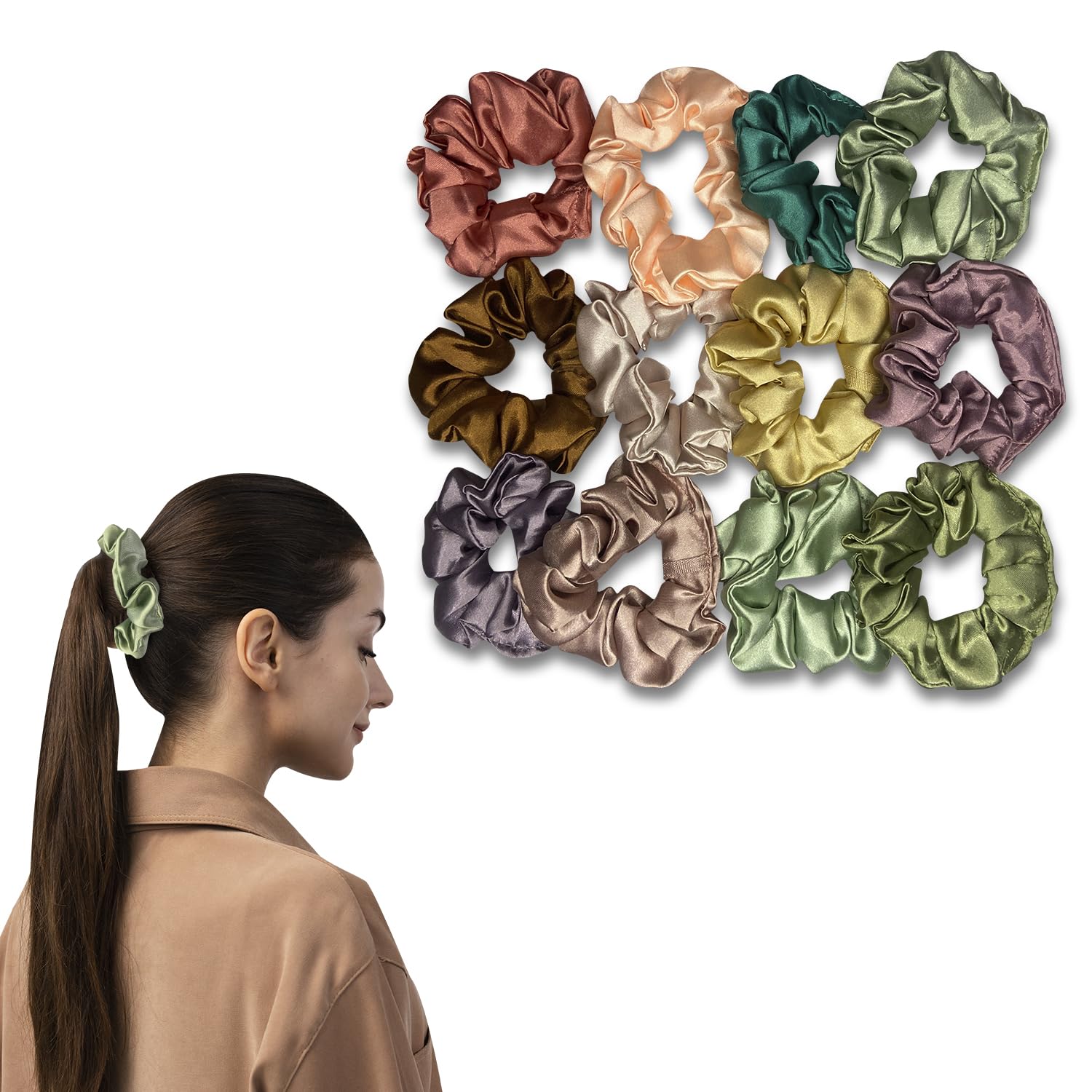 TEMPERIA (12 pcs) Silk Satin Scrunchies For Women & Girls – Stylish Luxury Ponytail Rubber Band Ties for Hair – English Colours Same As Shown (MN02)