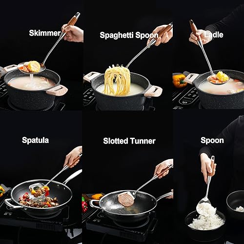 Miniatura 2 de Juego de utensilios de cocina de acero inoxidable 1810 con mango de madera, juego de 6 utensilios de cocina profesional de 15 pulgadas, espátula