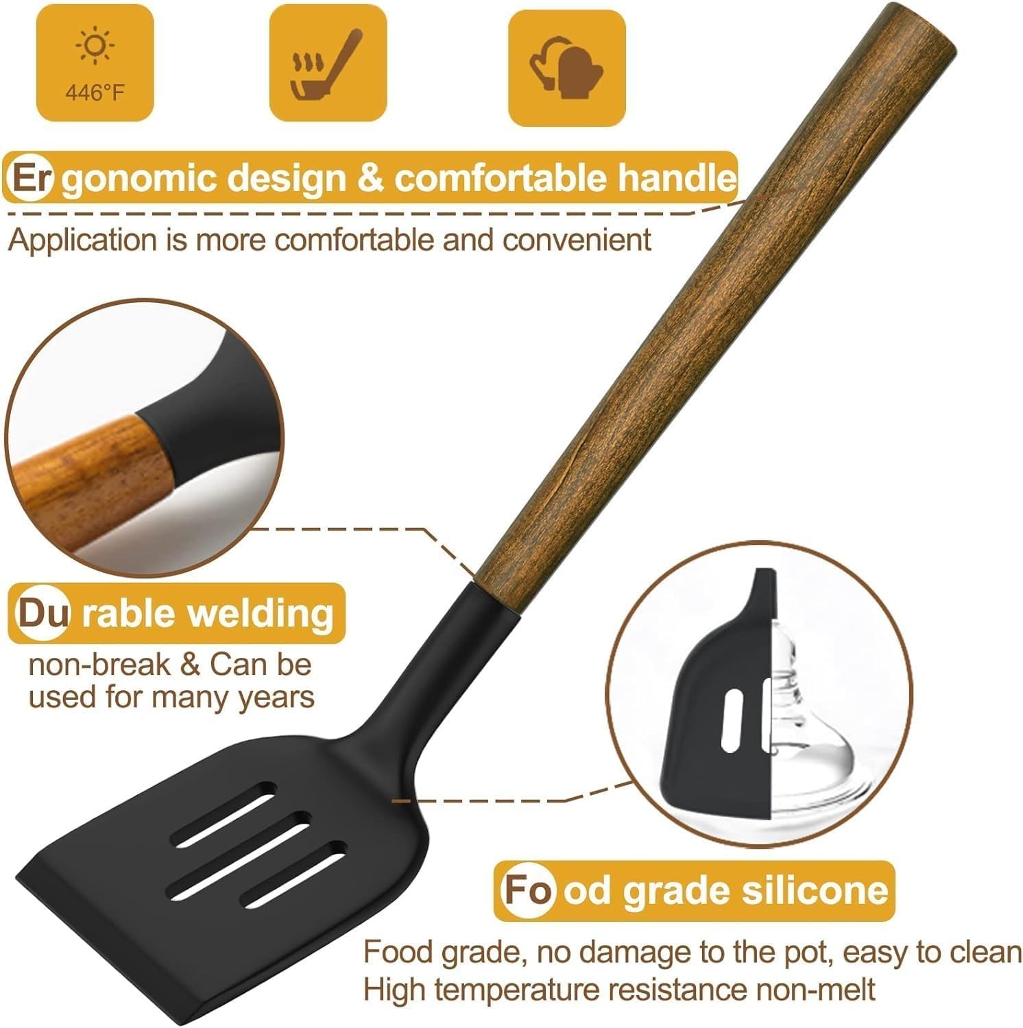 Umite Chef - Set di utensili da cucina in silicone, 8 pezzi, con manici in legno di acacia naturale, teste in silicone per uso alimentare, spatole da cucina antiaderenti, colore nero