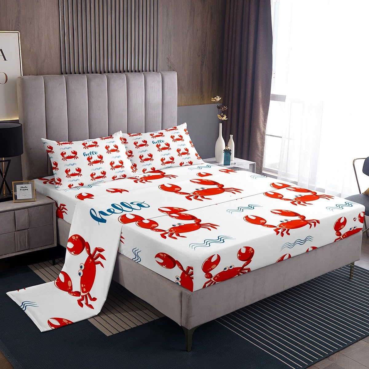 Castle Fairy Cute Crab Bed Sheets Kids Boys Wavy Stripes Sheet Set 3 Pcs Child Ocean Beach Sheets Set + Deep Pocket Fitted Sheets + Red Crab Claws Flat Sheet 1 Pillow Sham,Twin Size