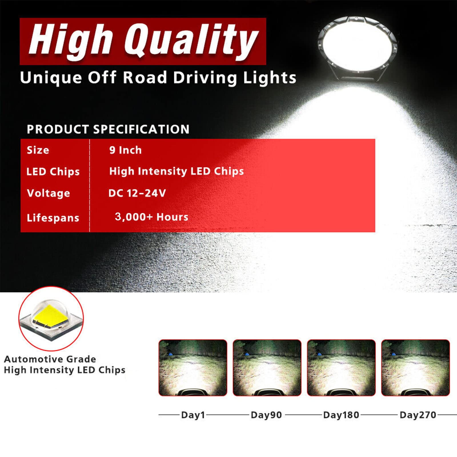 PICAA 2 szt. Reflektor roboczy Led okrągły, czerwony 9 cali 294 W 12 V 24 V 6000 K białe światło robocze do samochodu, ciężarówki, ciągnika, ATV SUV 4x4