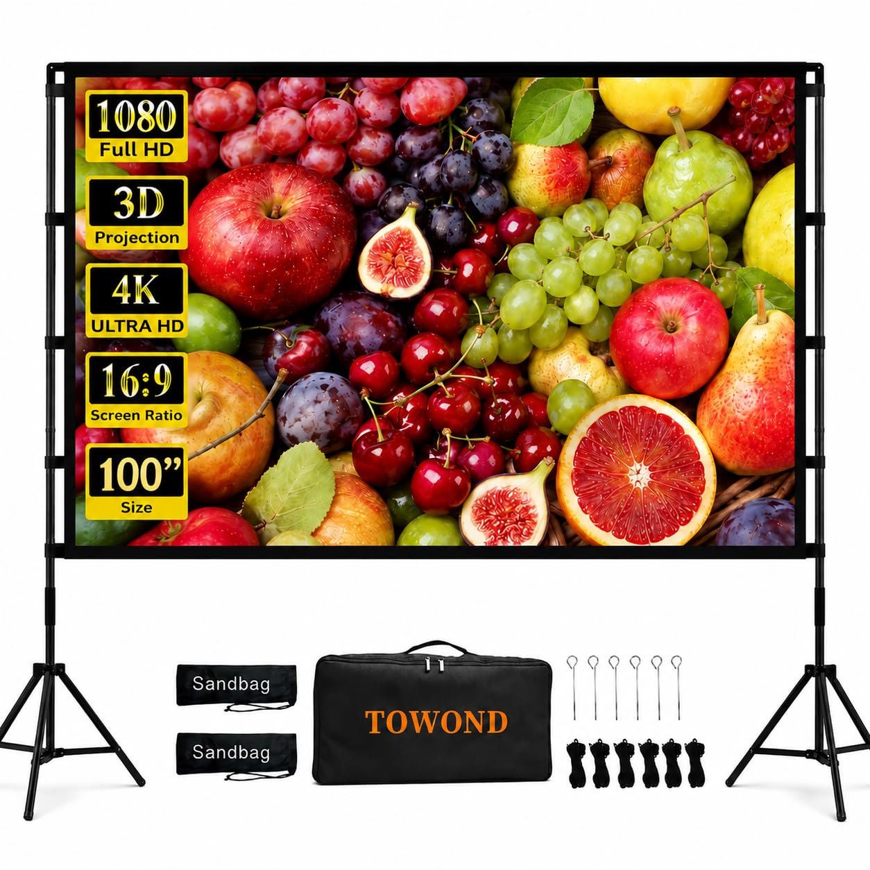 Towond Écran de Projection Portable 100" pour intérieur et extérieur 16:9 4K HD Avant et arrière avec Sac de Transport - Design Pliable pour soirée cinéma dans Le Jardin