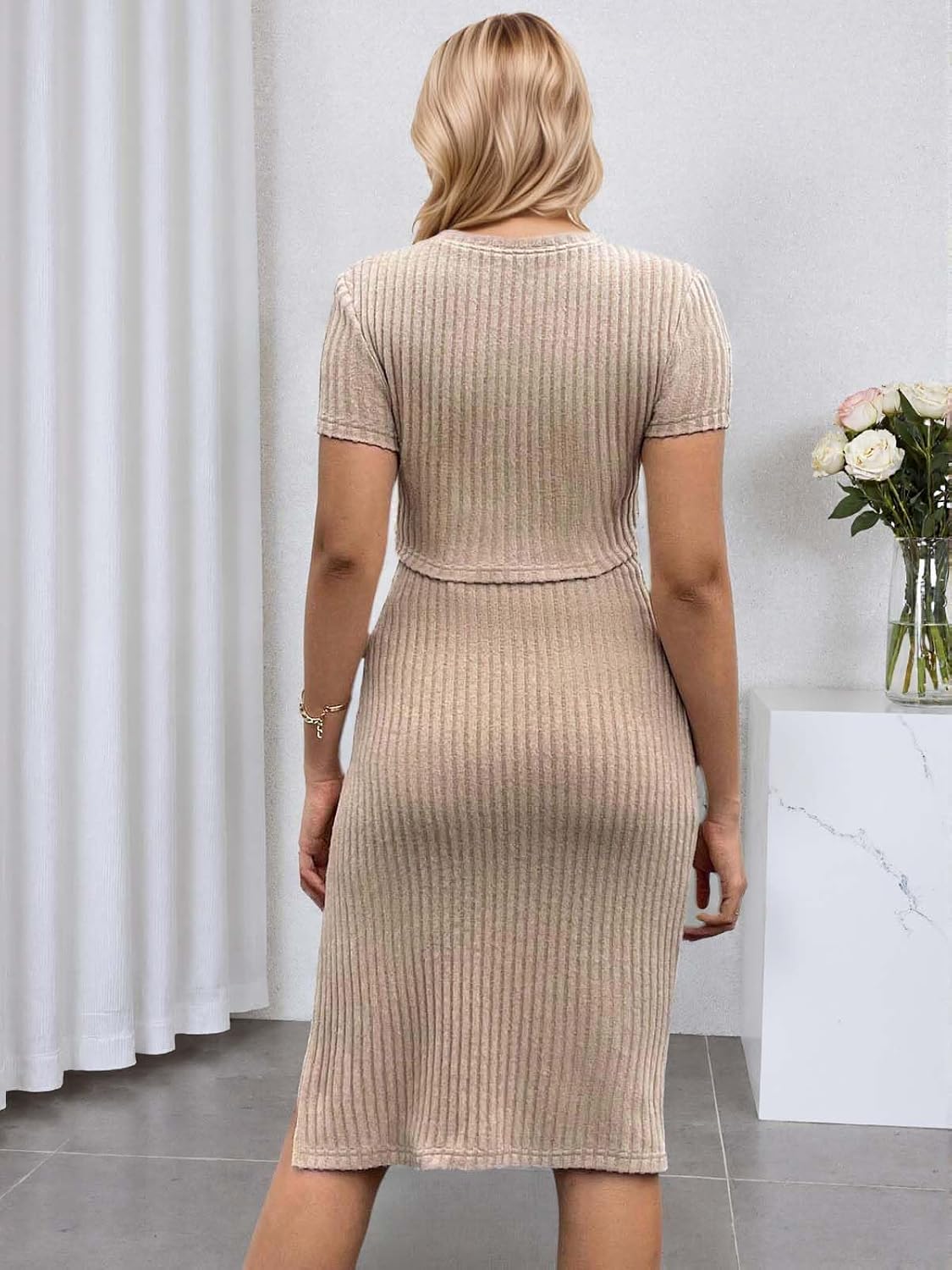 Women's Maternity Summer 2 Piece Outfits, Ribbed Short Sleeve Crop Top Bodycon Split Midi Skirt Set