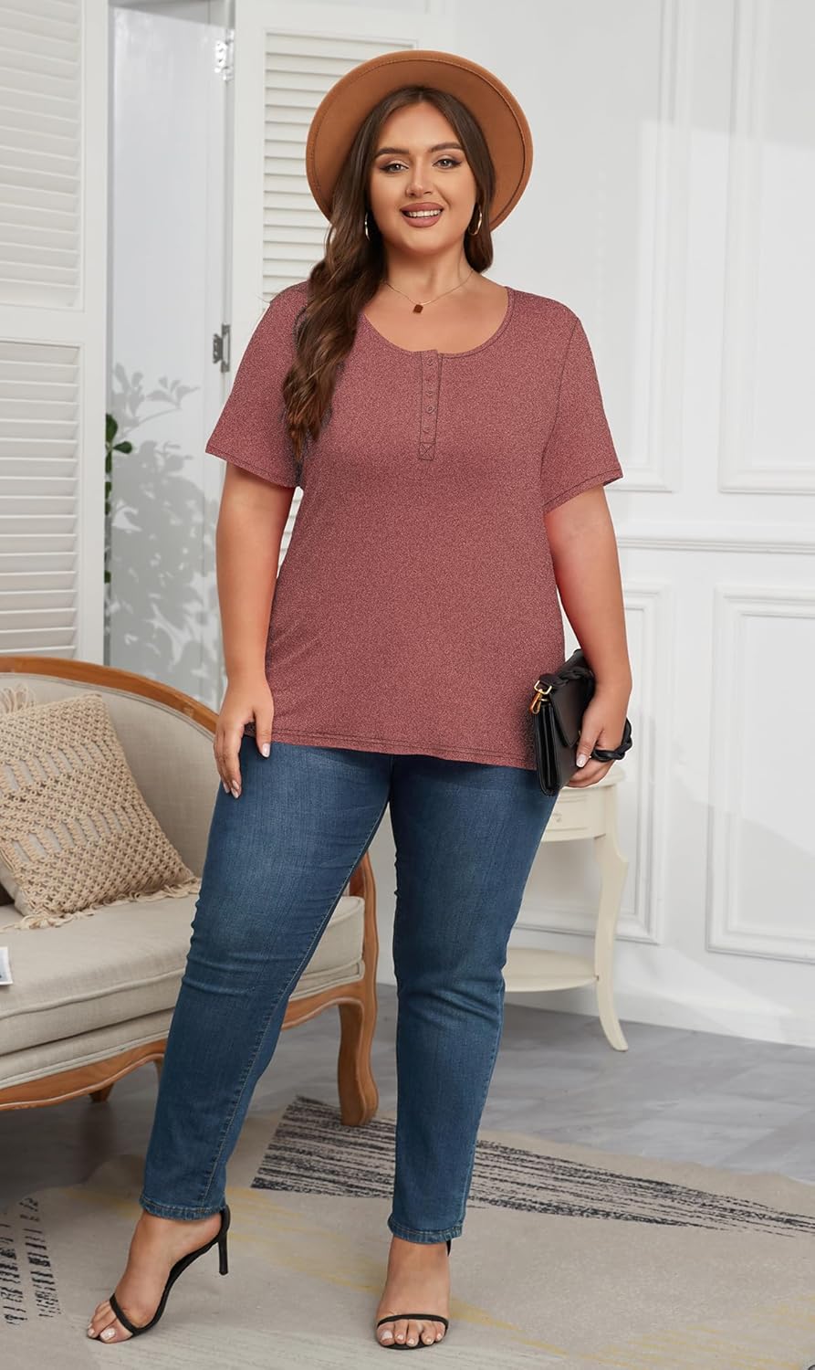 Women's Plus Size Shirt Short Sleeve Button Round Neck Top Basic Ladies Loose Fit T Shirt - Image 6