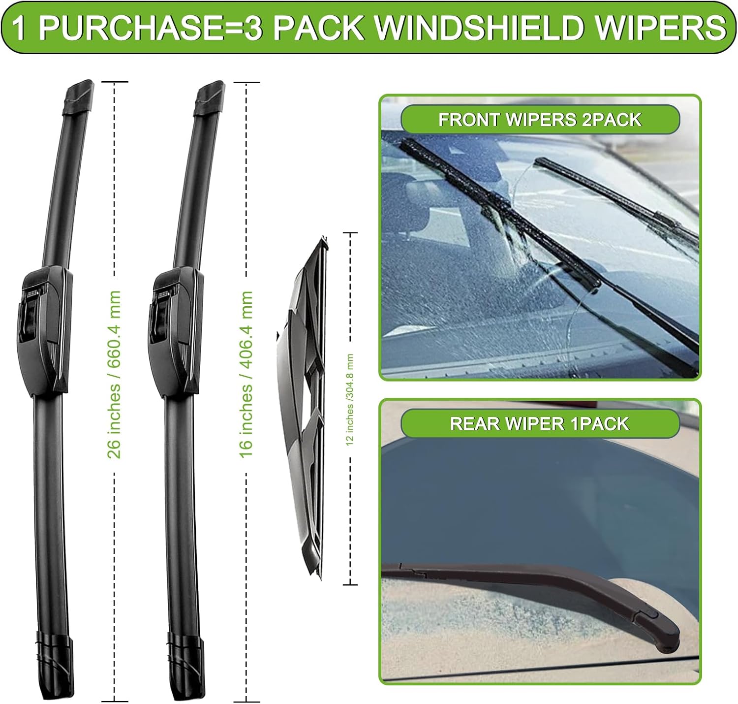 PARRATI® 3PCS Windshield Wiper Blades for RAV4 2019-2023 - Exact Fit Replacement Front and Rear Wipers - 26+16+12 | All-Season Durability - Quiet & Streak-Free Wiping - Easy Installation