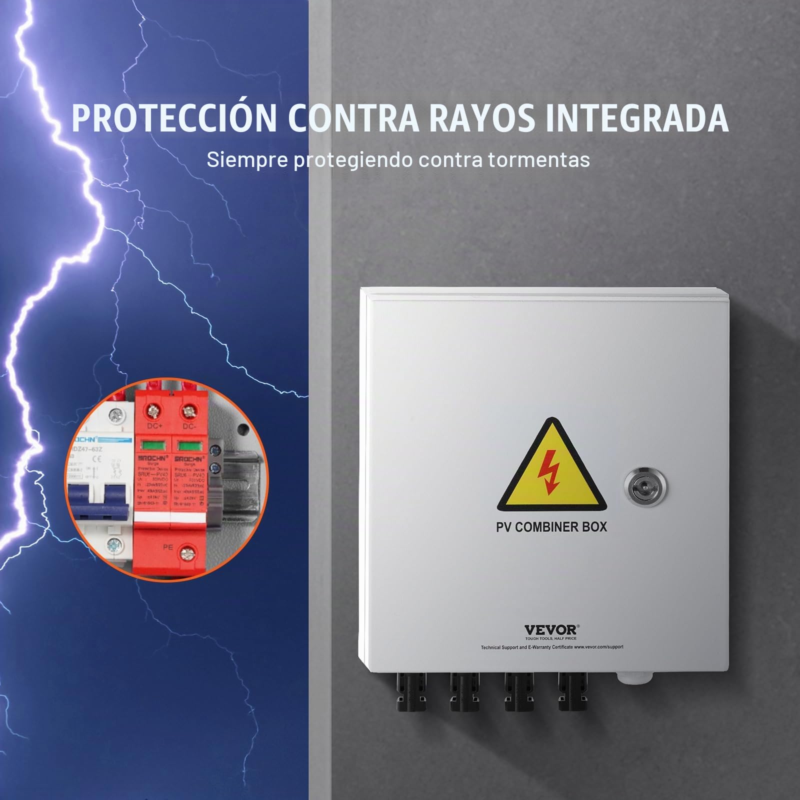 VEVOR Caja Combinadora Fotovoltaica, 4 Cuerdas, Caja Combinadora Solar con Fusible de Corriente Nominal de 15 A Conector Solar, Caja de Acero para Sistema de Panel Solar de Red de Encendido, Apagado