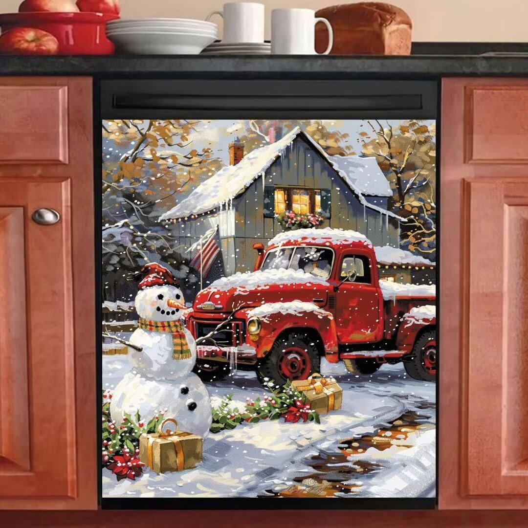 Red Truck Dishwasher Magnetic Sticker, Winter Snowman Magnet Dishwasher Door Cover, Farmhouse Christmas Snow Tree Kitchen Decor Appliance Refrigerator Decorative Magnets Panel Decals 23x26