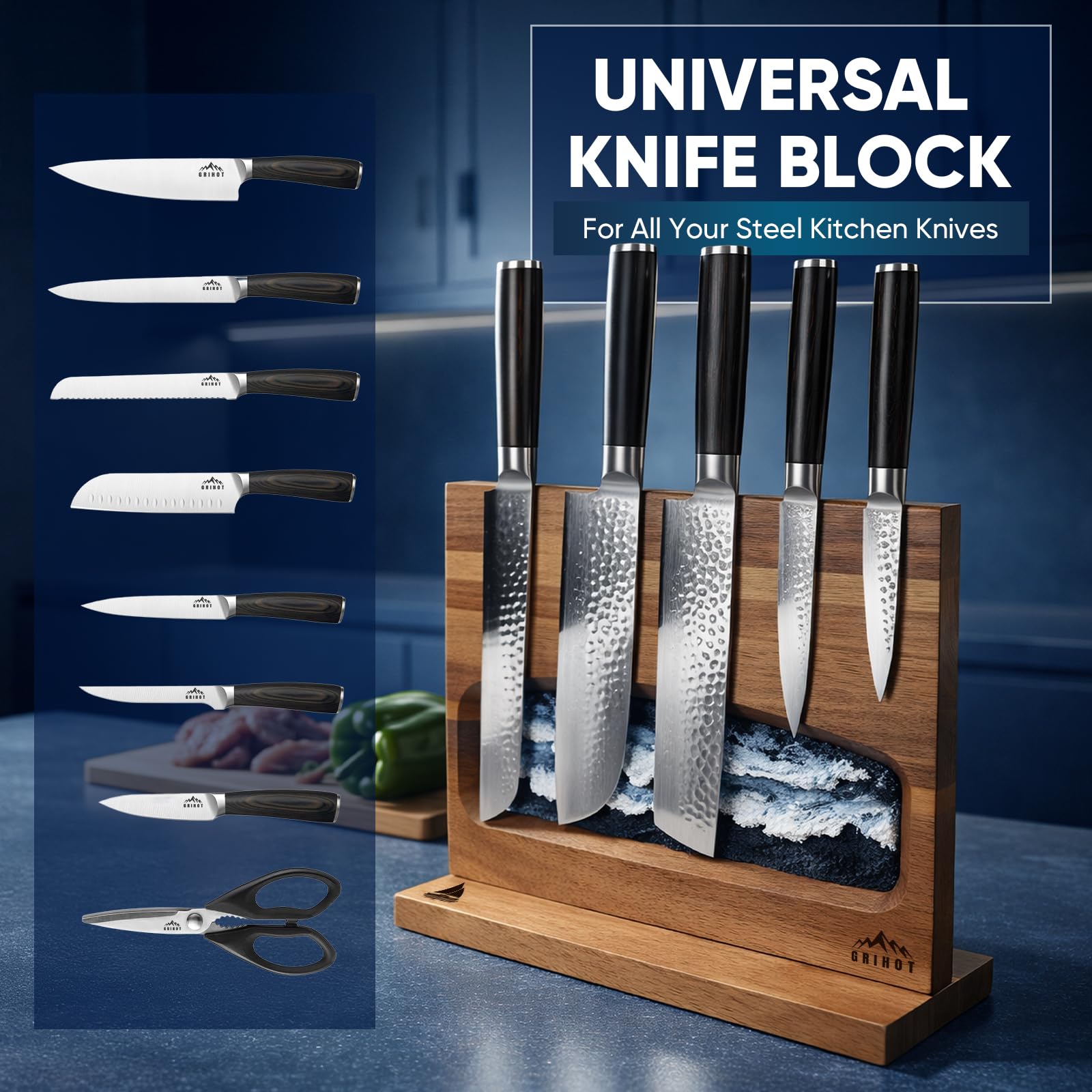 Doppelseitiger Magnetischer Messerblock ohne Messer | Einfacher Zugriff, Mit handbemaltem abstrakten Gemälde, Leicht zu reinigen, Freistehend, Akazienholz, Fasst etwa 10 Messer