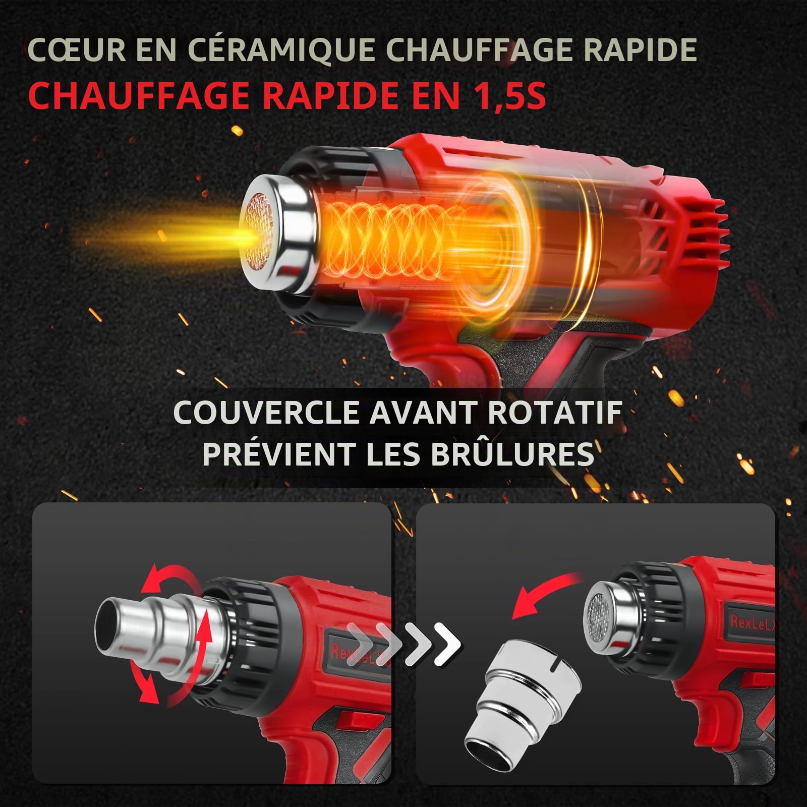 Pistolet à air chaud sans fil à écran pour Milwaukee 18 V Li-ion 400 W 1022 ℉ (550 ℃) Pistolet à air chaud avec protection contre les surcharges, 4 embouts de buse pour souder, bricoler