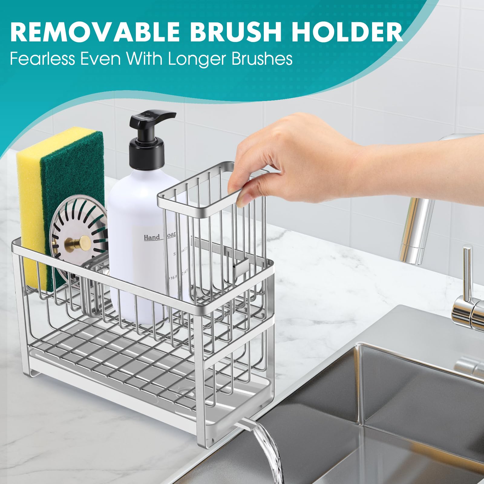 Sinnsally Sink Caddy Organiser Kitchen Sink Tidy Organizer,Soap Dish Tray,Washing up Caddy Sinkware Organiser,Sponge Holder for Kitchen Accessories Storage Rack with Brush Holder (2 Tier-Silver) - Image 3