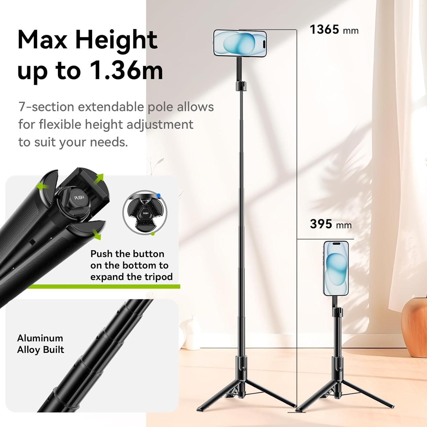 ULANZI 54'' Magnetic Selfie Stick Tripod Pro, All-in-One Phone Tripod w Magnetic Phone Holder & Detachable Wireless Remote, C/W Magsafe, for iPhone 16 15 14 13 12 Series & Android Phones (Black) - Image 4