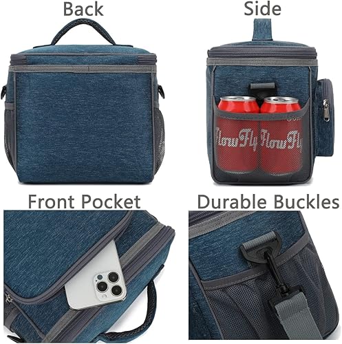 Miniatura 5 de FlowFly - Lonchera térmica y reutilizable grande para adultos, correa ajustable para el hombro, bolsillo frontal con cremallera, bolsillos laterales