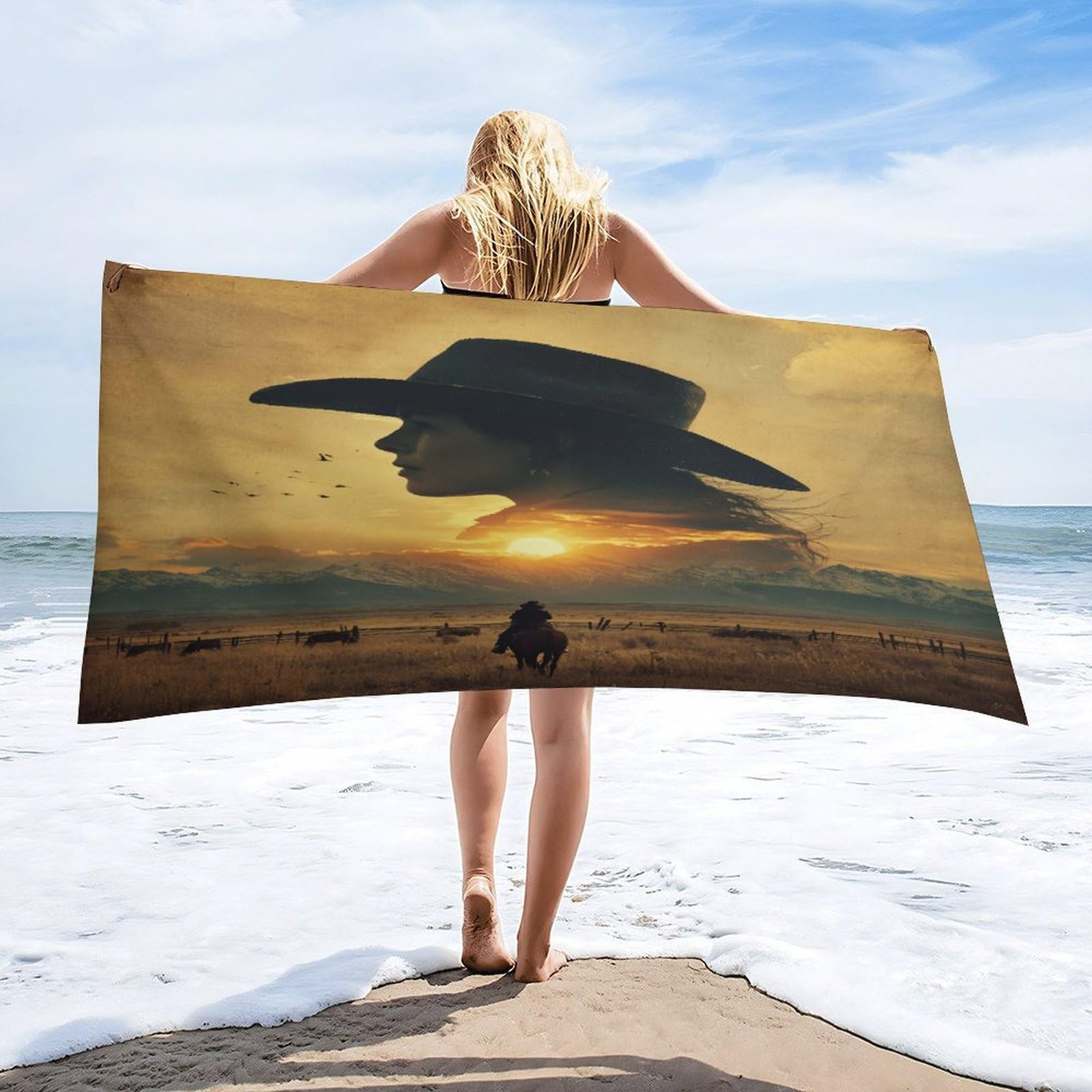 Luyysky Vintage Rustic Cowgirl Silhouette Quick-Drying Beach Towel, Modern Western Sunset Cowboy Theme Animal Horse Bird Travel Vacation Single Sided Pile Bathroom Towels-80 W Cm X 160" L Cm