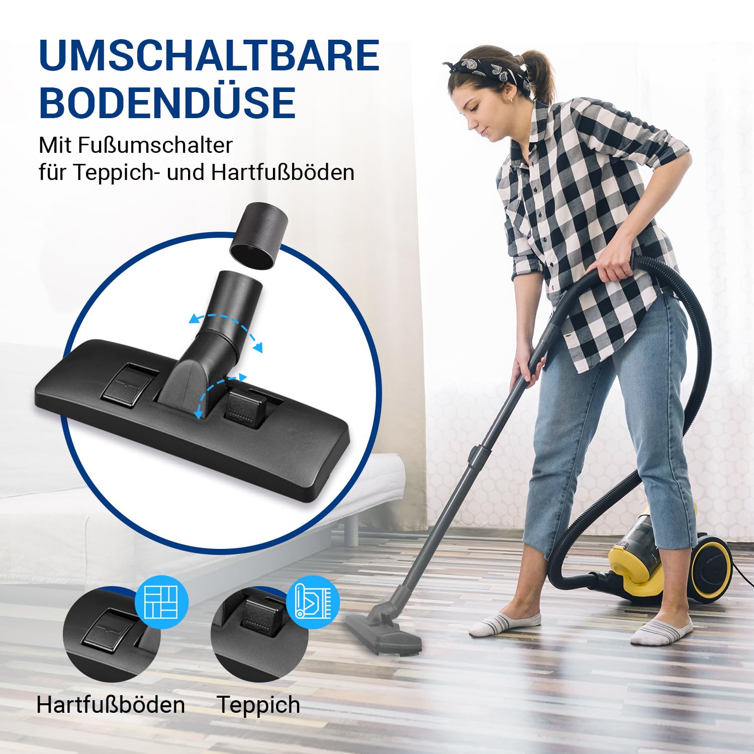 VIOKS Brosse de sol pour aspirateur avec adaptateur de raccordement pour tube de 32/34 mm de diamètre | Brosse d'aspirateur universelle compatible avec Miele, Siemens, Philips, Bosch, Kärcher