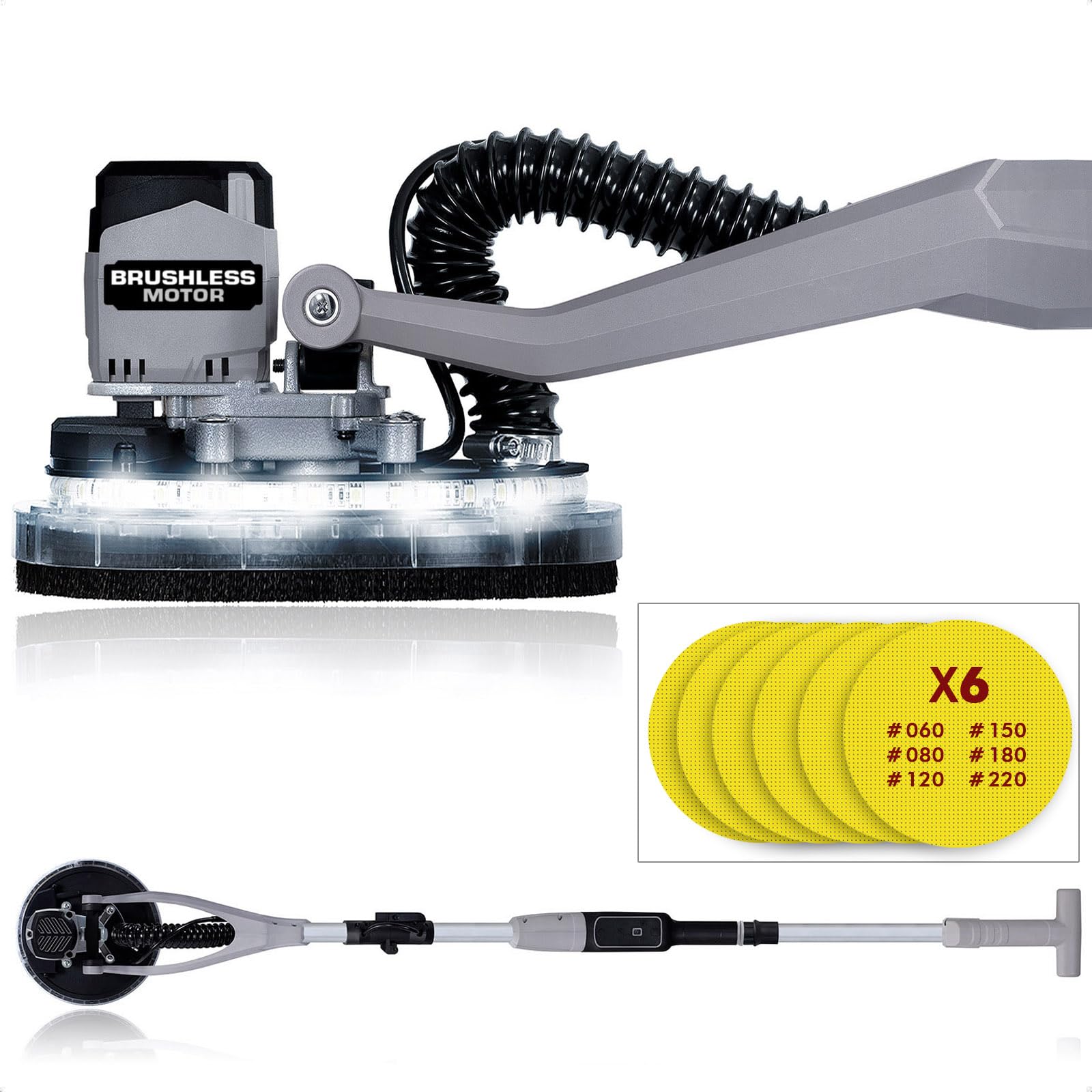 WerkuWK403260 + 6 Sanding Discs Round Wall Sander Professional Quality Brushless Power 400W 225mm LED Light System Includes 6 Sanding Discs Suction Hose and Carry Bag
