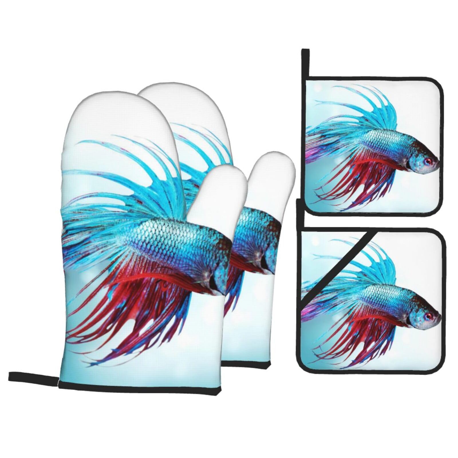 4 Piece Oven Mitts & Handle Covers Set | Siamese Fighting Betta Fish Swimming in Aquarium Aggressive Sea Heat Resistant Baking Gloves with Hanging Loops for Grilling