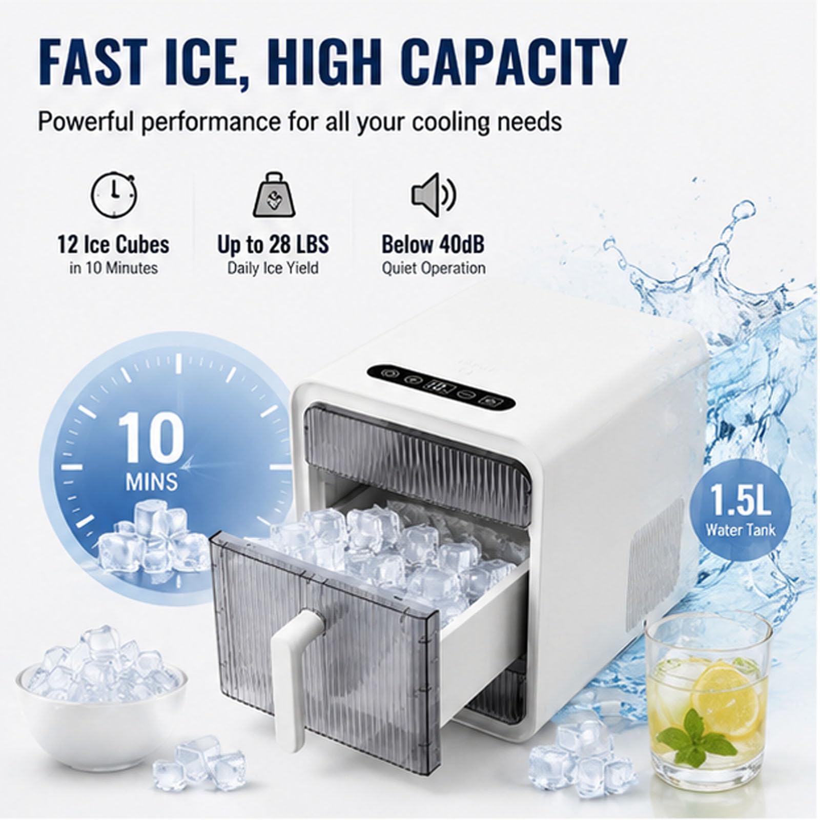 Fabricador de hielo de encimera con cuchara, máquina de hielo portátil de 1.5L, 12 cubos de hielo en 10 minutos, 28LBS/24H, autolimpieza, para hogar, cocina, RV, camping, fiesta