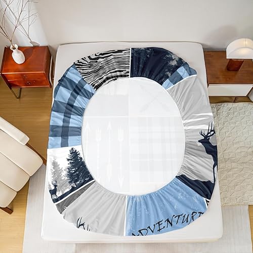 Miniatura 74 de Sábana bajera ajustable de oso de caza, juego de ropa de cama a cuadros de búfalo, sábanas de retazos de cabaña rústica para niños, niños, Multi