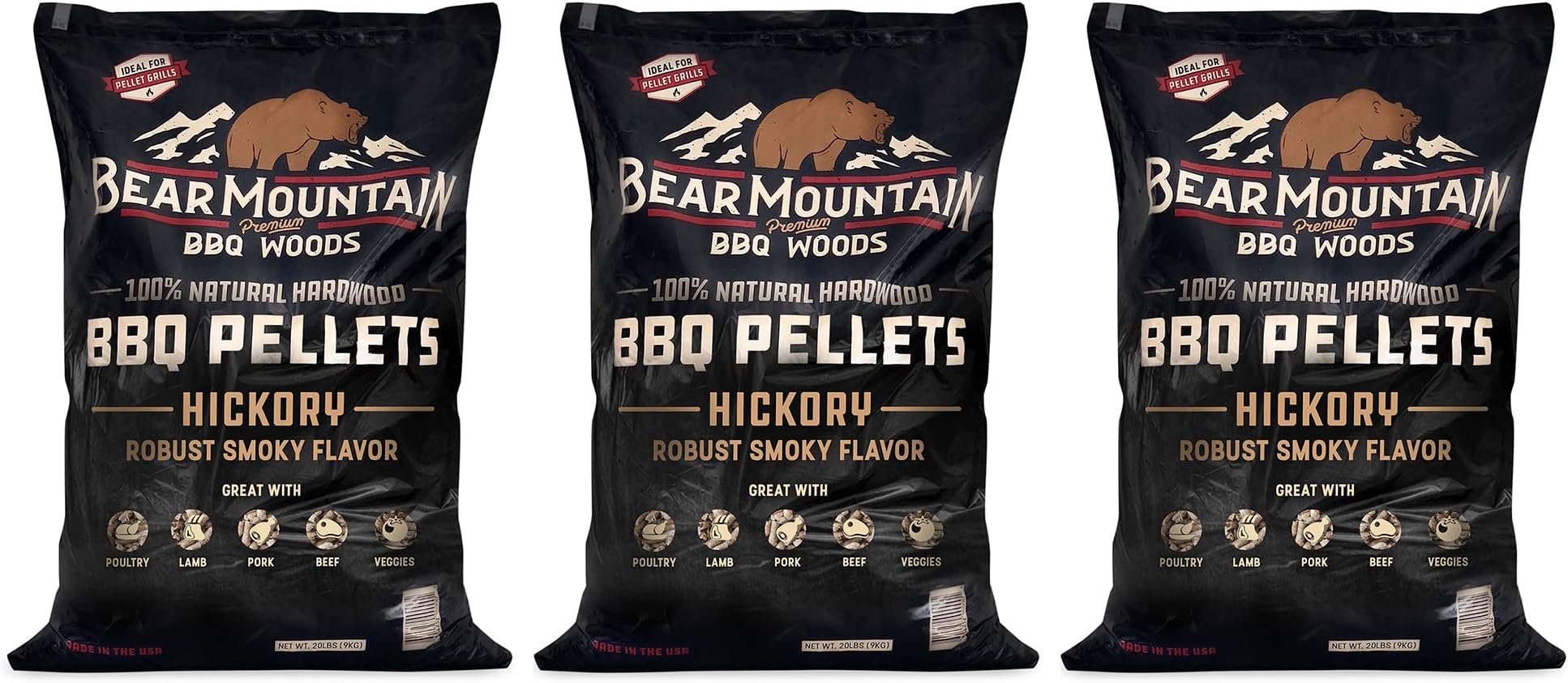 Bear Mountain FB14 Premium All Natural Low Moisture Hardwood Smoky Hickory BBQ Smoker Pellets for Outdoor Grilling, 40 Pound Bag (3 Pack)