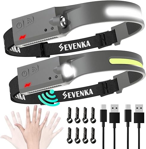 SEVENKA - 2 faros delanteros recargables, linterna LED brillante, 1000 lúmenes, haz y foco de 230 ancho, modo de sensor, lámpara ligera de 2.4 onzas