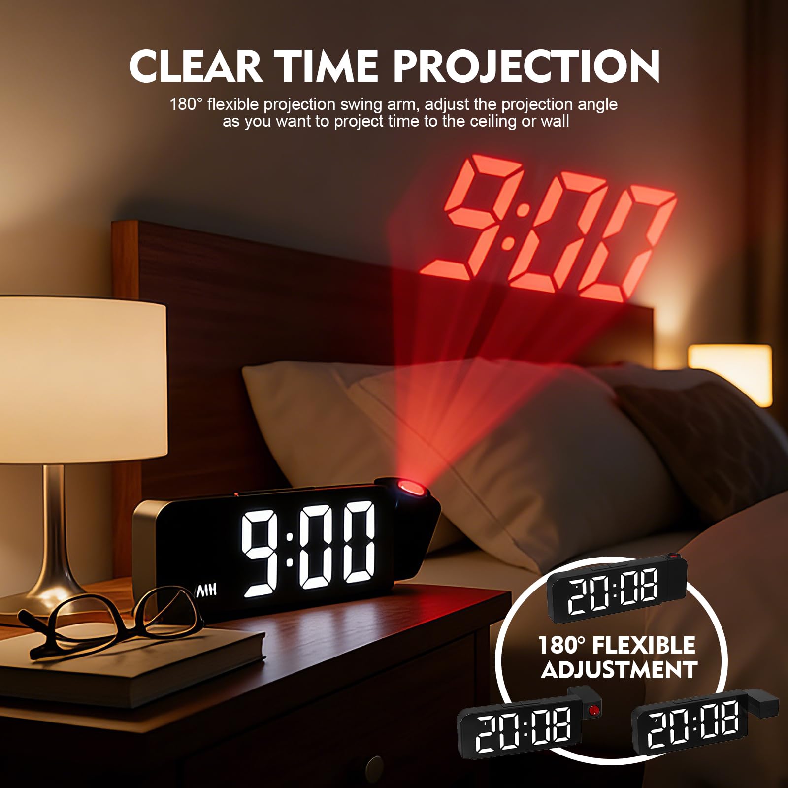 Projektionswecker für Schlafzimmer mit 180° Projektion, Digitaler Wecker mit LED Bildschirm, Temperaturanzeige, 12/24H Anzeige, USB Anschluss, Nachttisch und Büro