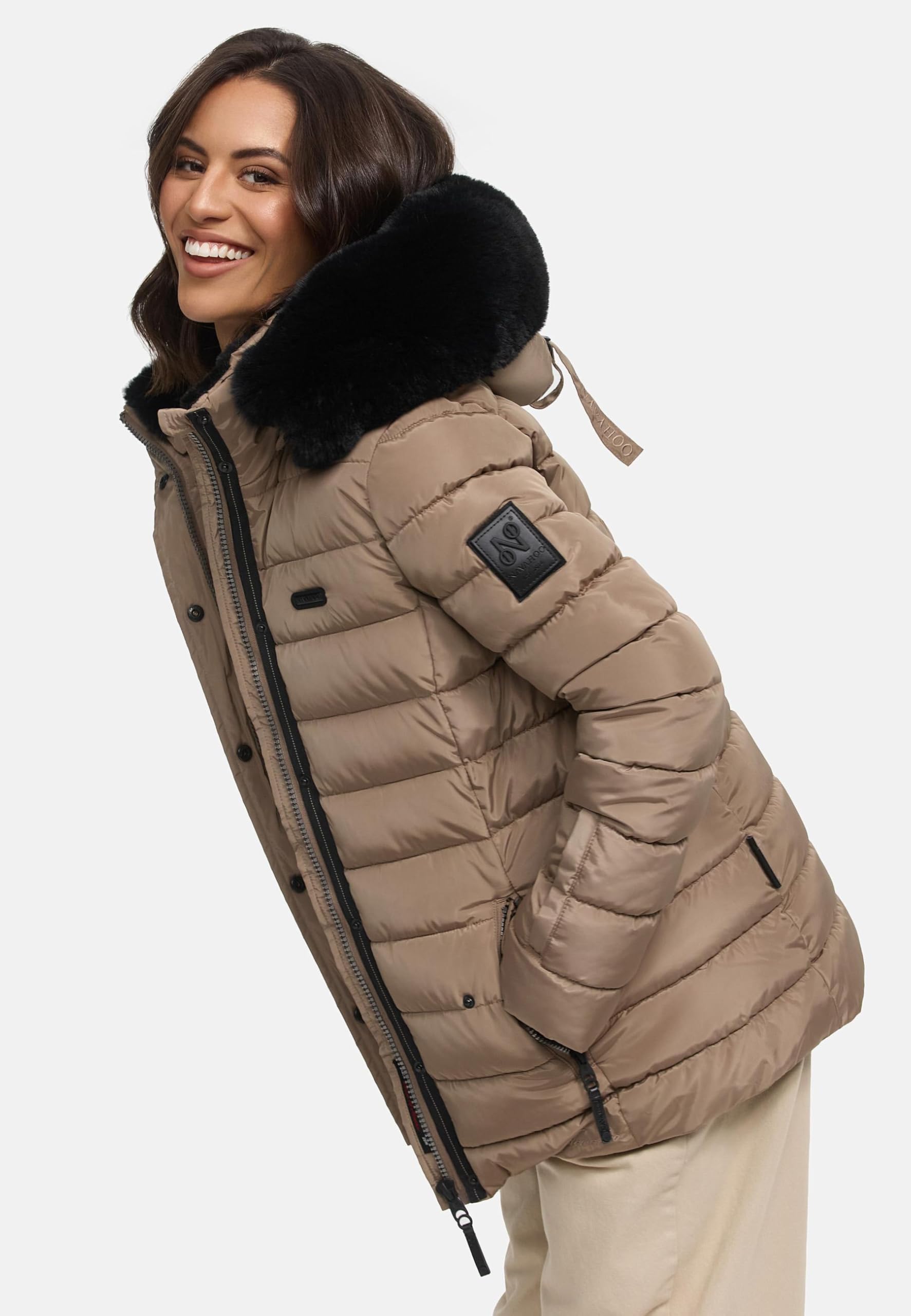 Navahoo Damen warme Winter Steppjacke mit abnehmbarer Kunstfell-Kapuze Milianaa XS-3XL