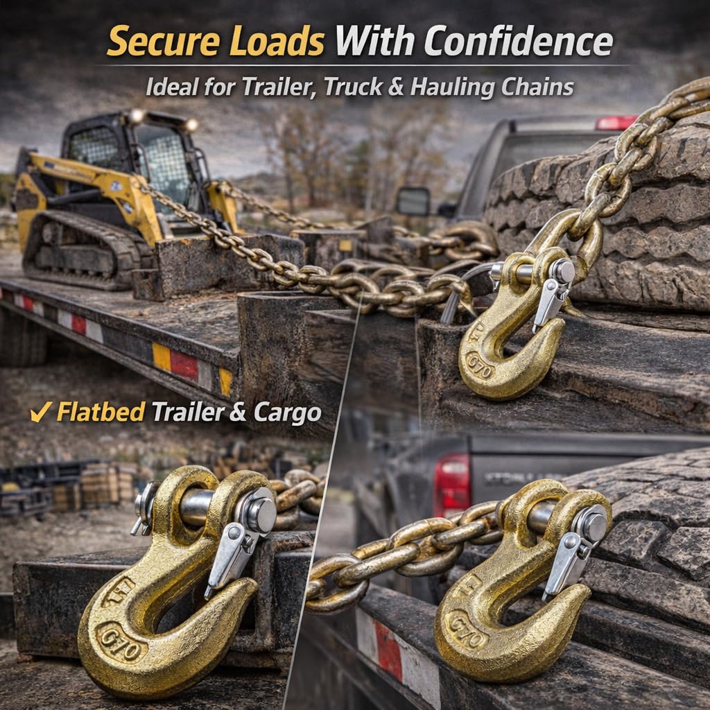 3/8" Chain Hook, 4 Pack Trailer Safety Chain Hooks, Clevis Slip Hook Heavy Duty with Safety Latch, Grade 70 Forged Steel 18,000 Lb for Trailer Truck Transport Tow Winch Hook.