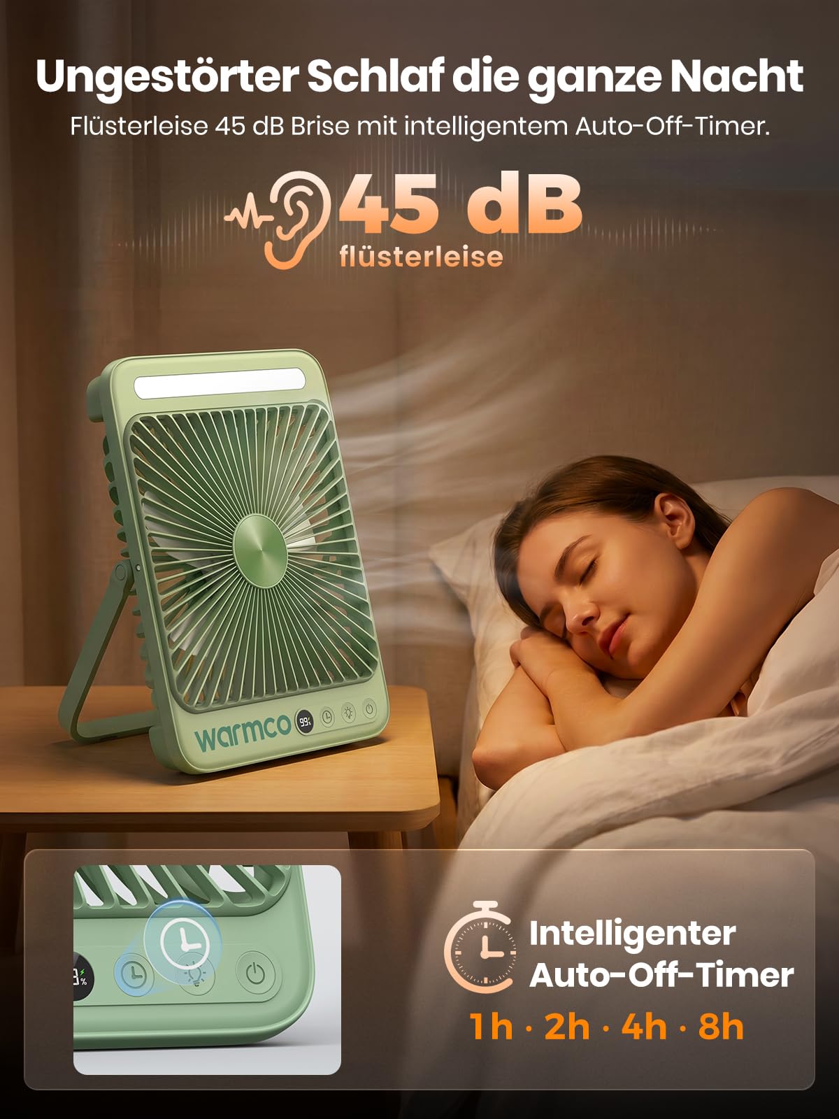Warmco D4 Max Akku Camping Ventilator 20000mAh, 45W Schnellladung, 8H Timer | 2,5 Std. Volladung, LED-Laterne & Haken, Leiser Ultraflacher Tragbarer Ventilator Für Zelt, Wohnmobil, Schlafzimmer