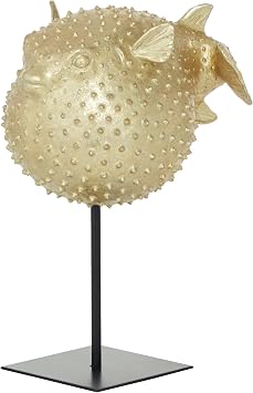 Deco 79 Polyresin Blowfish Handmade Decorative Sculpture Spiked Home Decor Statue with Stand, Accent Figurine 10" x 7" x 14", Gold