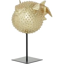Deco 79 Polyresin Blowfish Handmade Decorative Sculpture Spiked Home Decor Statue with Stand, Accent Figurine 7" x 5" x 9", Gold