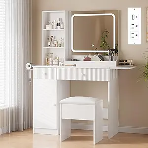 Fluted Makeup Vanity Desk with Mirror and LED Lights, Vanity Table with Storage Stool, Power Outlet, 2 Drawers, 3 Storage Shelves, Large Cabinet, Dressing Table and Chair for Bedroom Dressing Room