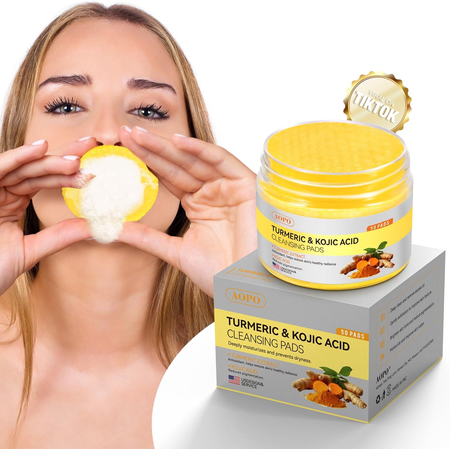 Kojic Acid and Turmeric Cleansing Pads, 50 Pieces, for Facial Cleansing and Exfoliation