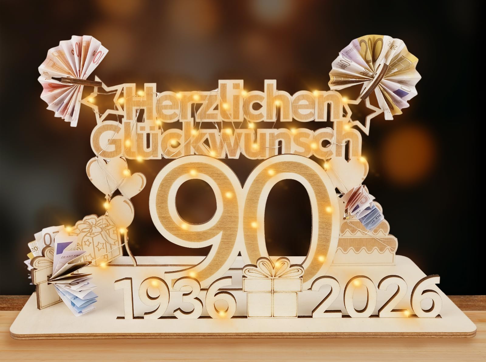 ARTREE Geldgeschenke Geburtstag Frau Mann, Holz Schild Gästebuch mit LED Lichterkette, Personalisiertes Geschenke Geburtstagszahlen, Geburtstag Deko, Hochzeit Deko