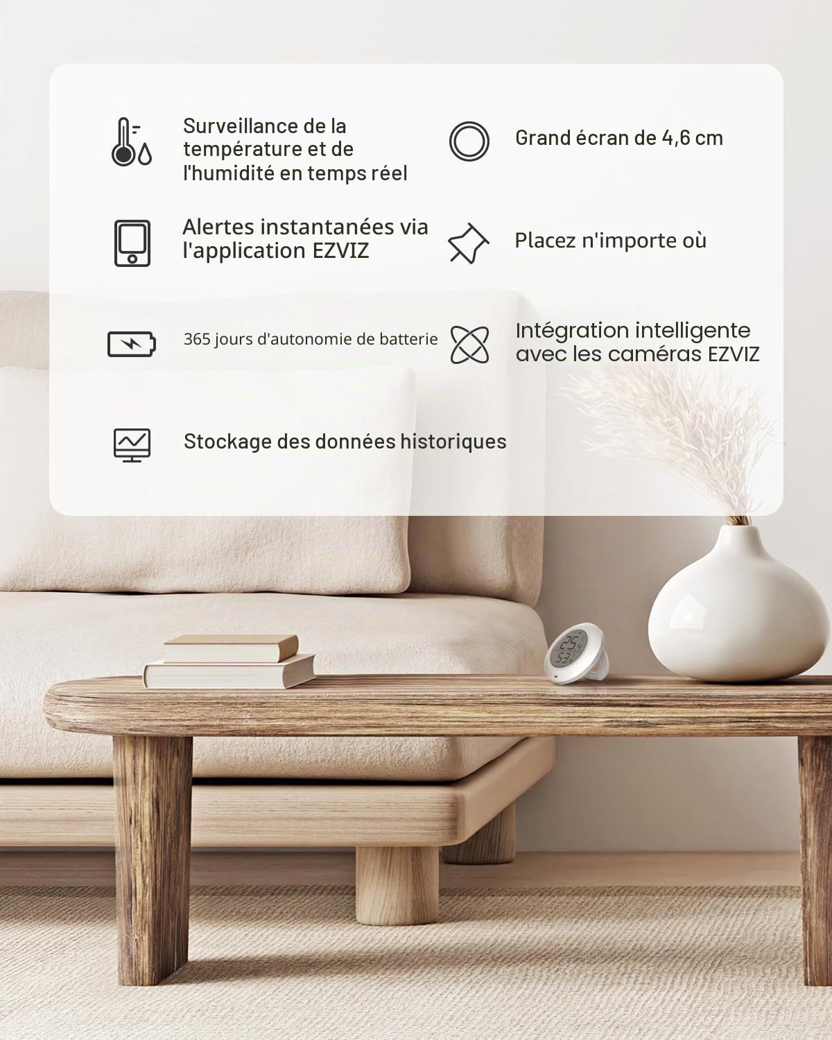 EZVIZ T51C Thermomètre Hygromètre Numérique Intérieur, Moniteur de Température et Humidimètre, Compatible avec la Centrale A3