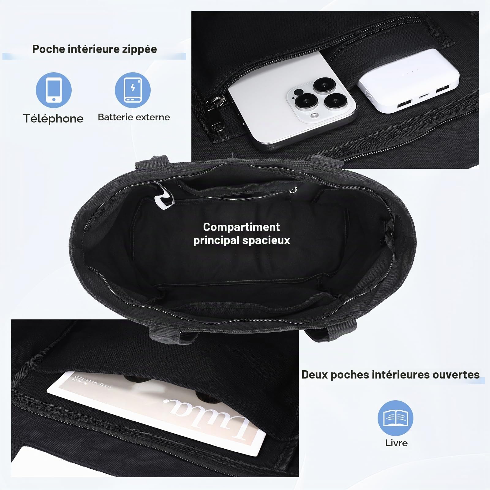 VASCHY Grand Tote Bag, Cabas Femme en Toile Léger Sac Fourre-Tout avec Fermeture Eclair Sac à Main en Tissu Réutilisable pour fille pour École Université Shopping Travail Voyage
