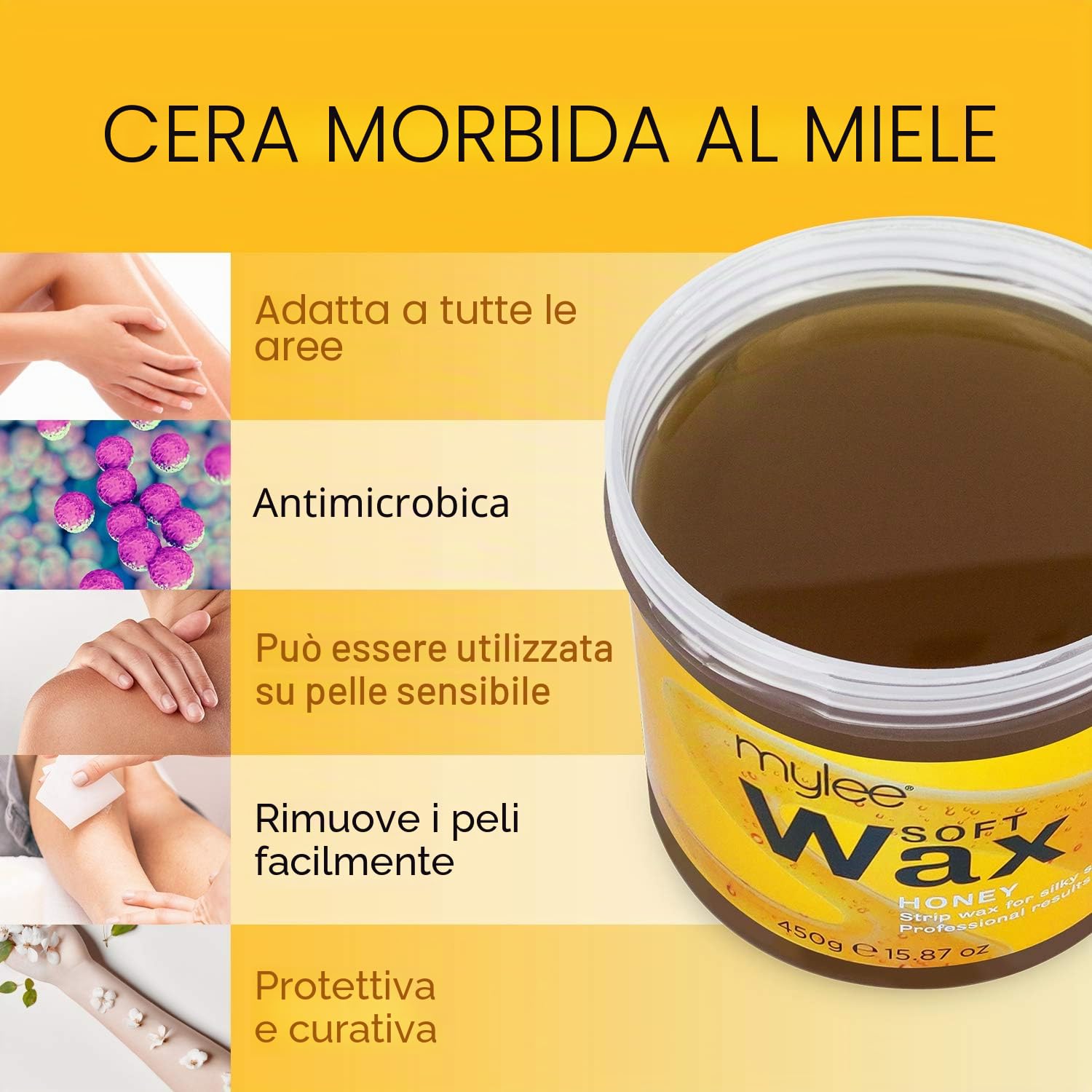 Mylee Kit Completo per Ceretta, con Scaldacera, Strisce depilatorie, Spatole e Lozione Pre e Post Depilazione (Kit con Cera al Miele)
