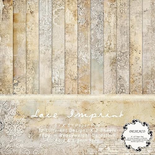 DESEACO 24 Sheets Vintage Lace Scrapbooking Paper Pad 6x6, Neutral Aged Background Craft Paper for Adult Journaling, Card Making, Collage & DIY Scrapbook Projects