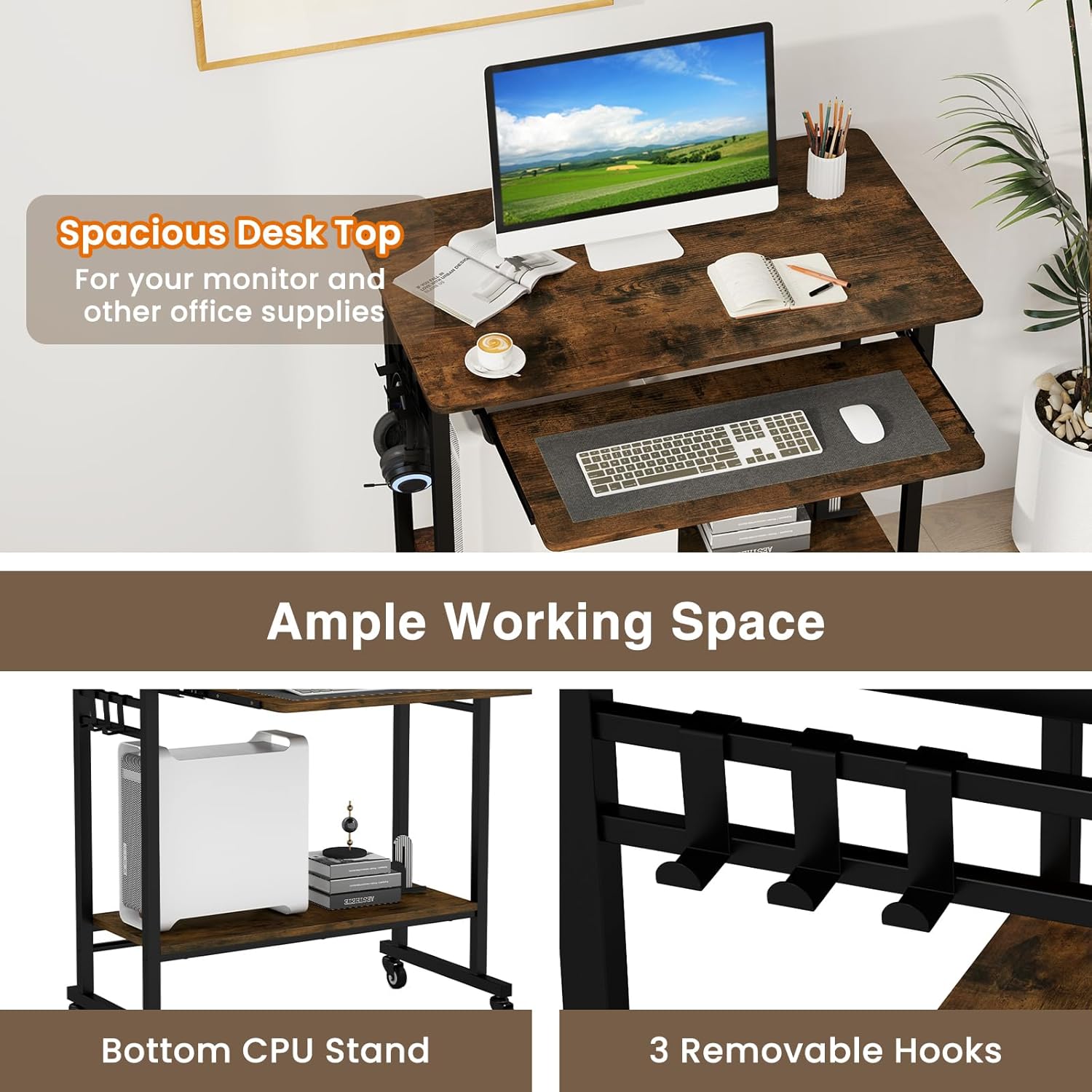 GOFLAME Mobile Computer Desk with Pull-Out Keyboard Tray, Compact Laptop Cart, Home Office Desk with Lockable Wheels, Writing Workstation, CPU Stand, Task Study PC Desk for Small Spaces, Study
