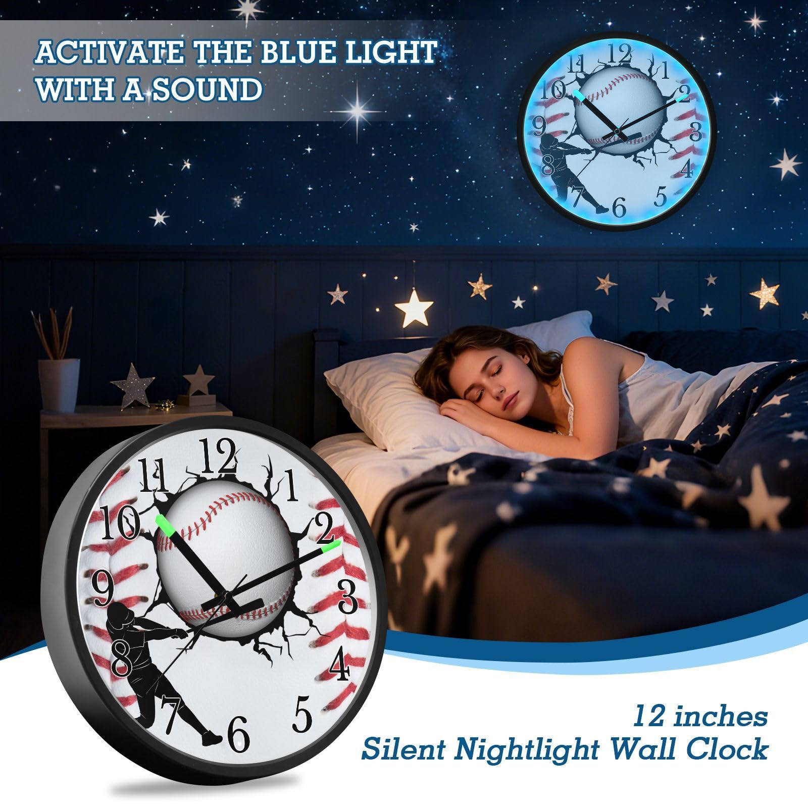 Mnsruu Reloj de pared luminoso para tenis, sóftbol, béisbol, dormitorio, funciona con pilas, silencioso, brilla en la oscuridad, para sala de estar, cocina, 12 pulgadas