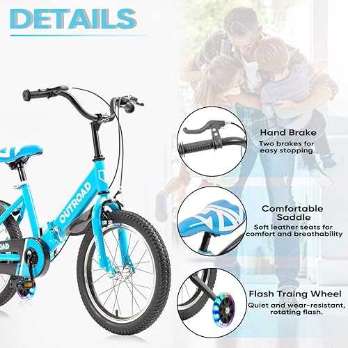 Miniatura 5 de Omelaza Bicicleta plegable de 1416 pulgadas para niños y niños con ruedas de entrenamiento intermitentes y freno de mano, bicicleta para niños y