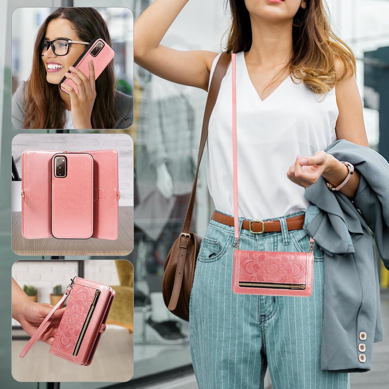 Asuwish Phone Case for Samsung Galaxy S20 FE 5G 6.5 inch Zipper Wallet Cell Cover with Screen Protector Strap Flower Card Holder S 20 EF UW 2022 S20FE5G S20FE 20S S2O Fan Edition 4G G5 Women Rose Gold