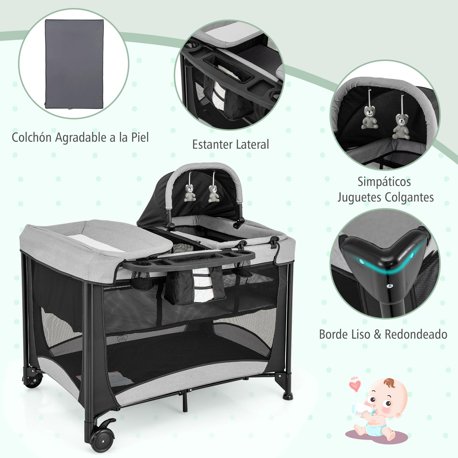 COSTWAY 5 en 1 Cuna de Viaje para Niños, Centro Infantil Portátil con Cuna,Cuna y Cambiador de Pañales, Juego para Bebés y Colchón Extraíble, Cesta de Almacenamiento, 2 Ruedas Bloqueables (Negro)
