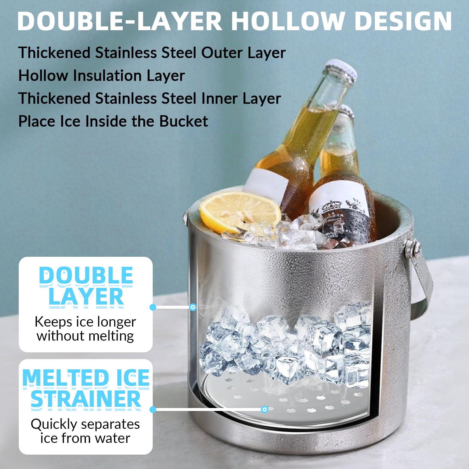 Cubitera de 4L con Tapa, Set de Cubo de Hielo de Acero Inoxidable de Doble Pared con Colador, Pinzas para Hielo, Pala para Hielo, Molde de Cubitos de Silicona, Enfriador de Champán y Vino para Cerveza