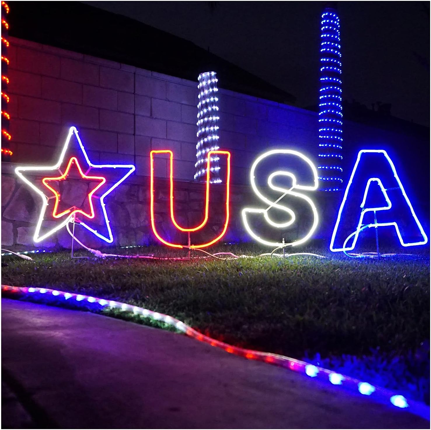Russell Decor LED Patrioitc USA Letter and Star Lights Yard Sign Lights Independence Day 4th of July(72'' x 22'', Red White Blue)