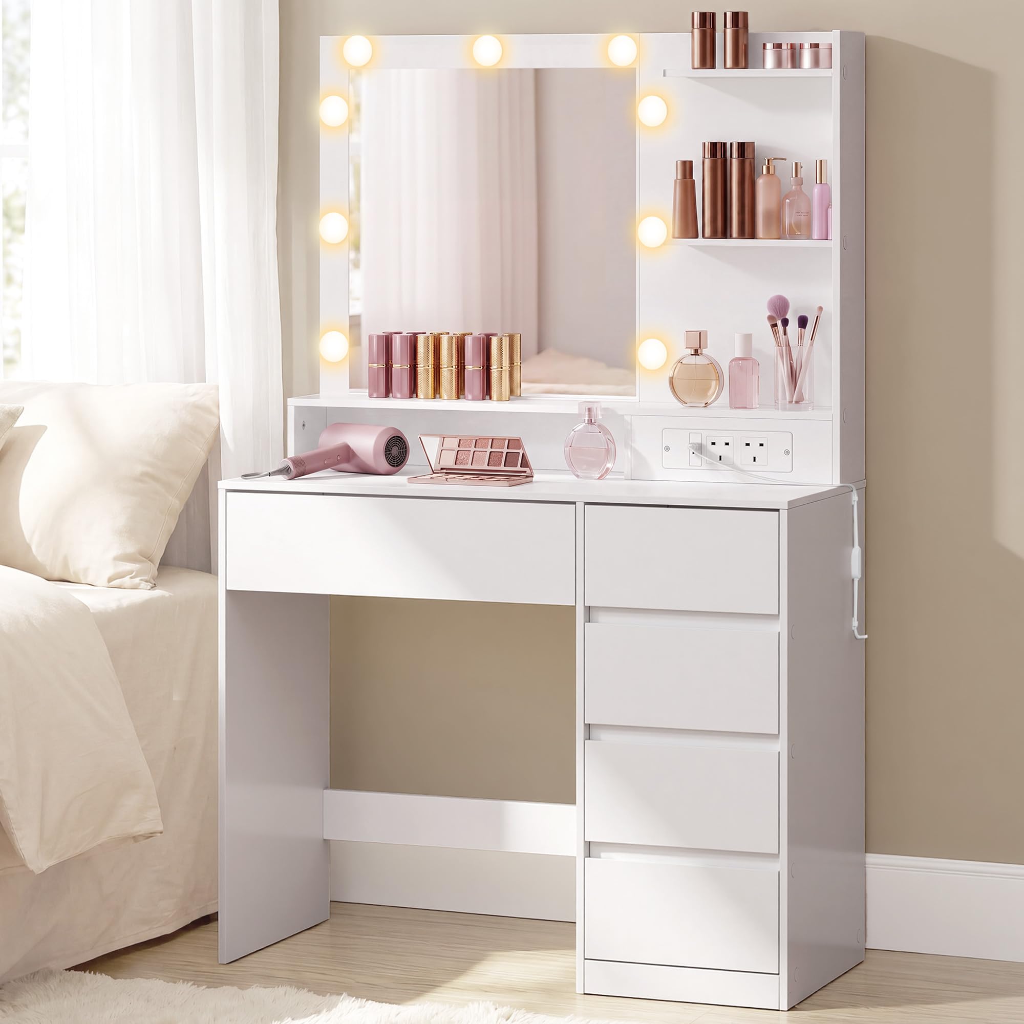VASAGLE Dressing Table with Lighted Mirror, Makeup Desk with Charging Station, 3 Colour Lighting Modes, 5 Drawers, 80 x 40 x 144.3 cm, for Bedroom, Cloud White, KAILYN Collection RDT241WB02