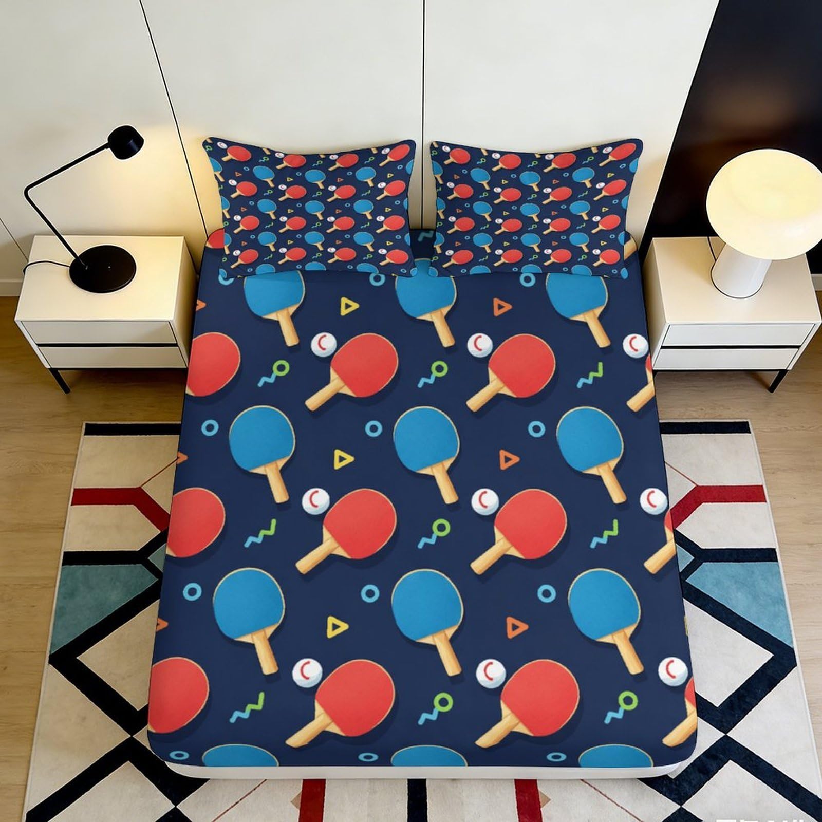 3D Printed Table Tennis Paddle Fitted Sheet Microfiber Anti-Slip Ping Pong Ball Bed Cover for Bedroom Dorm Mattress Decor 117 160x200x25cm