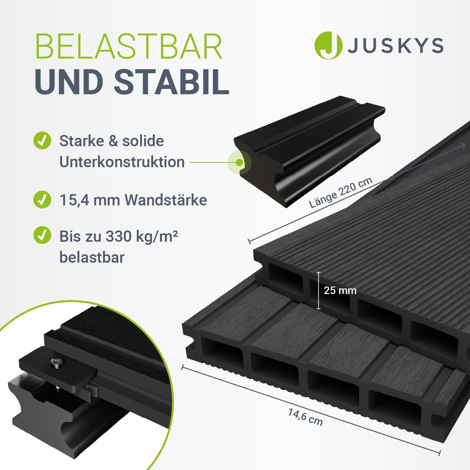 Juskys WPC Terrassendielen 6 m² – 220 cm Dielen, wetterfest & pflegeleicht, inkl. Unterkonstruktion, Clips & Schrauben, rutschfest für Terrasse & Balkon – Anthrazit