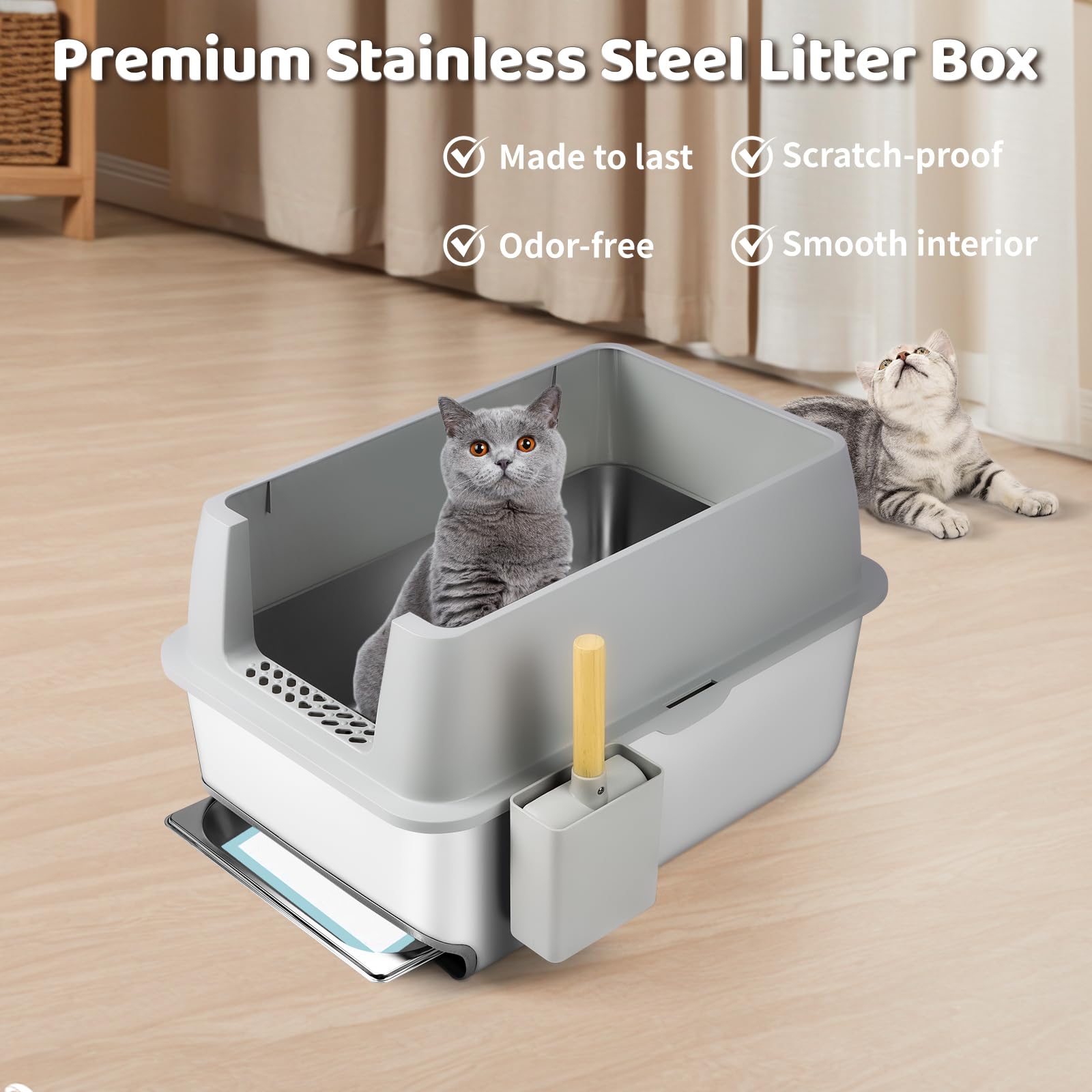 Bac à litière pour Chats en Acier Inoxydable pour Chat, bac à litière avec tiroir et bac de tamisage, Pelle pour Gros Chats, Nettoyage Facile